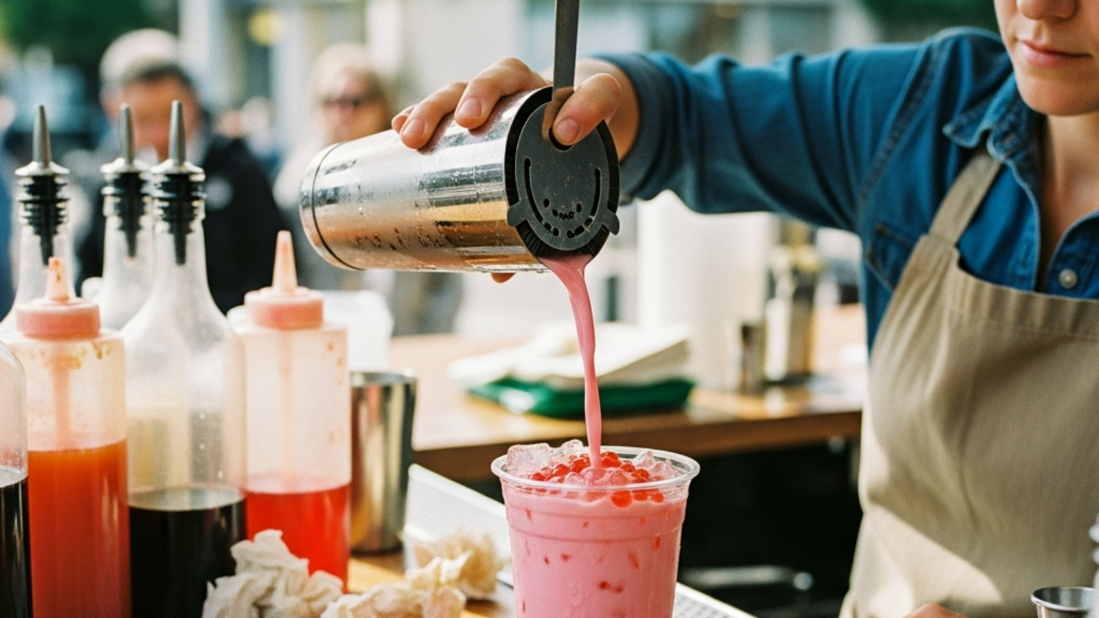 Vaso con té de leche de fresa fresas frescas y bolitas popping boba rojas