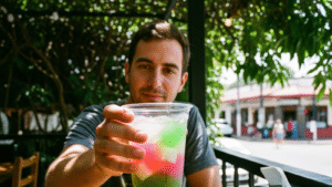 Vaso de té verde de jazmín con cubitos de rainbow jelly en terraza soleada