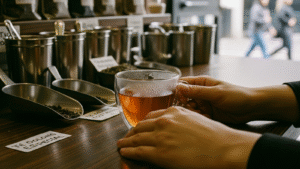 Vaso con té oolong tostado color ámbar sobre mesa de madera oscura