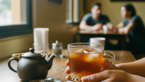Vaso transparente con té negro y perlas de tapioca sobre mesa de madera