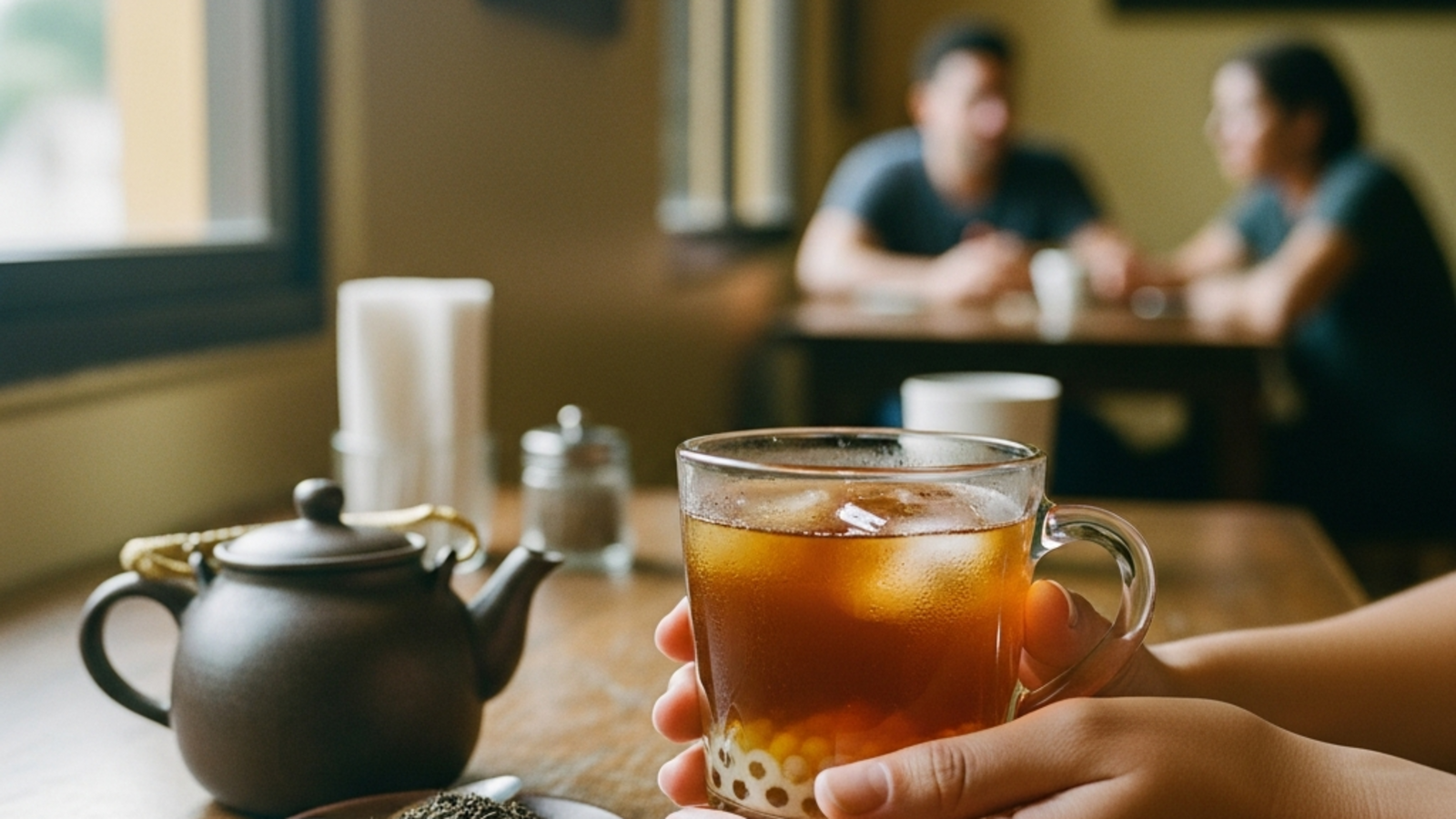 Vaso transparente con té negro y perlas de tapioca sobre mesa de madera