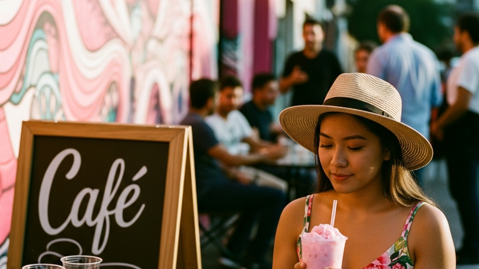 Vaso transparente con té de fresa sakura con leche y degradé rosado