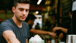Vaso de matcha con jelly arcoíris de coco y hielo encima