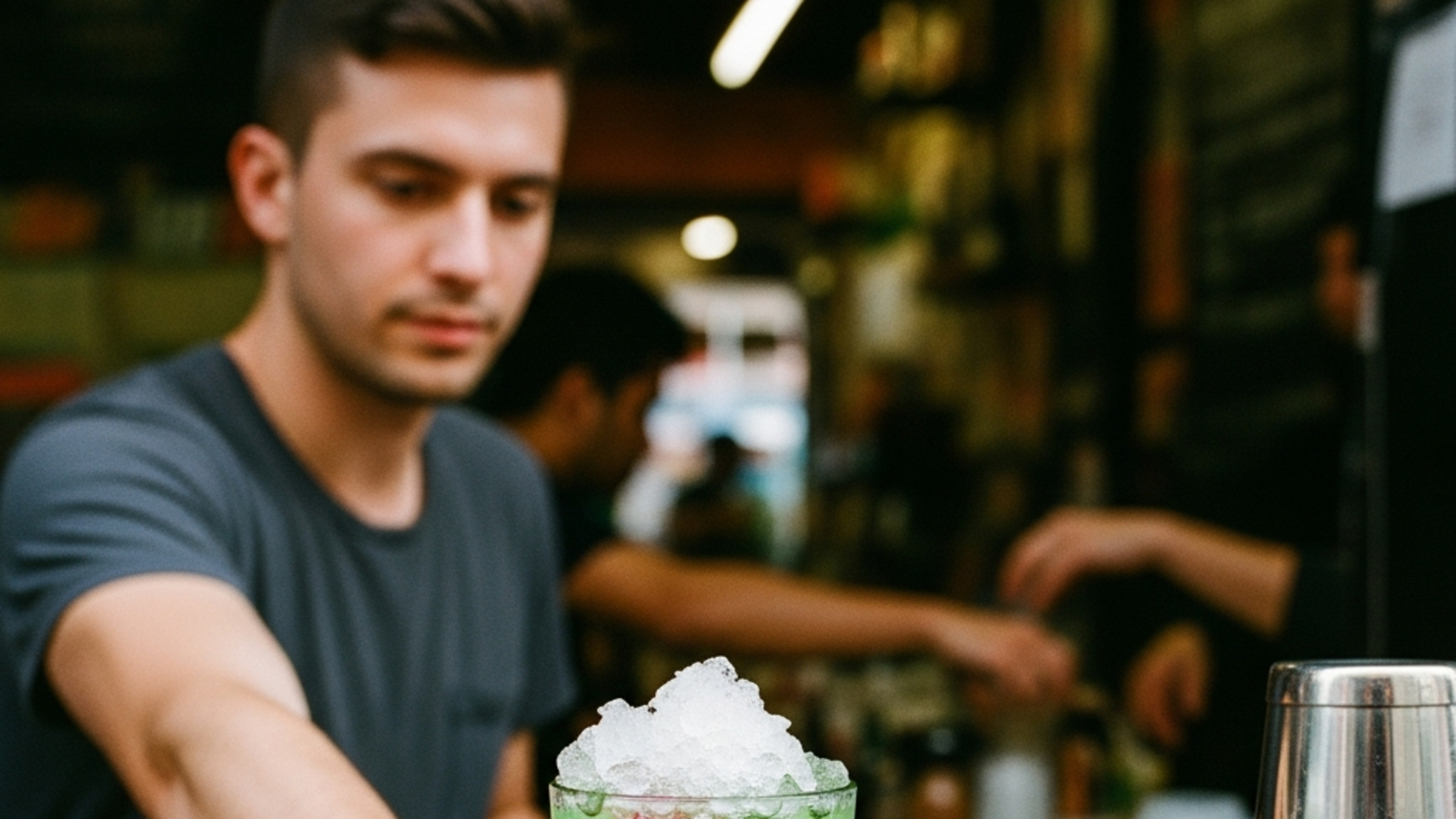 Vaso de matcha con jelly arcoíris de coco y hielo encima