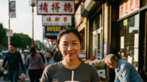 Vaso de té con leche White Rabbit con perlas sobre mesa en San José