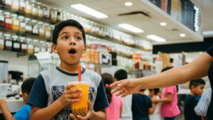 Vaso con té de frutas tropicales con popping boba y hielo fresco