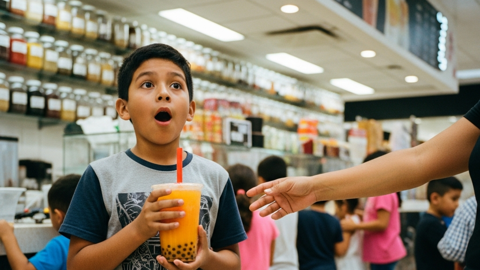 Vaso con té de frutas tropicales con popping boba y hielo fresco