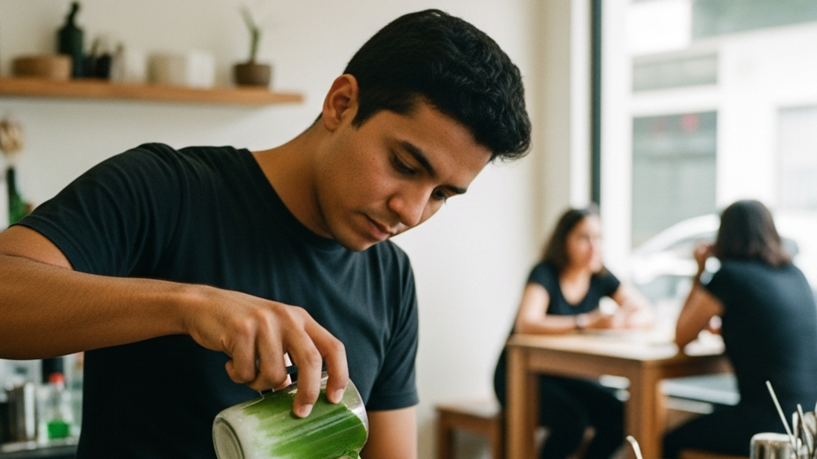 Taza de té matcha con leche en polvo color verde cremoso sobre mesa