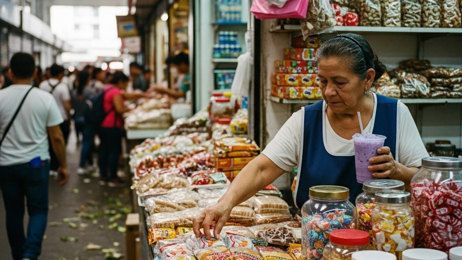 Vaso transparente con té de taro con leche morado y hielo en un mercado típico