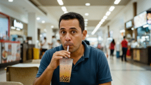 Vaso transparente de té de perlas con leche sobre mesa en plazoleta de comidas