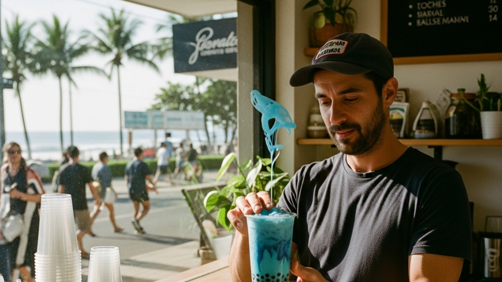 Vaso de Blue Coral Bubble Tea con perlas negras y hielo
