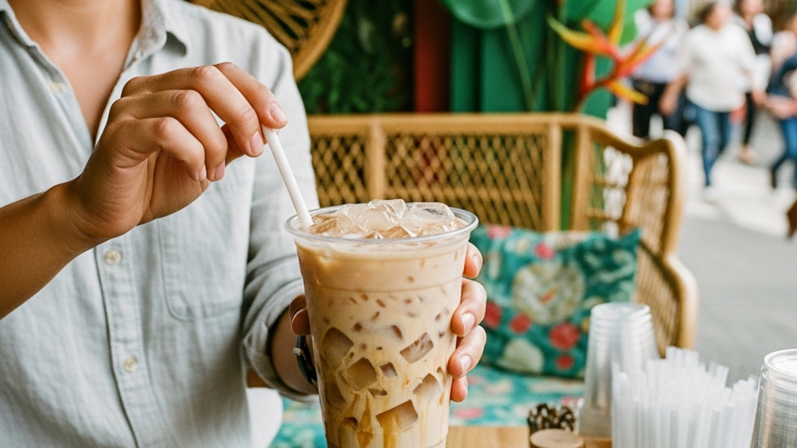 Vaso de té negro con cremosa y cubos de gelatina de coco con hielo