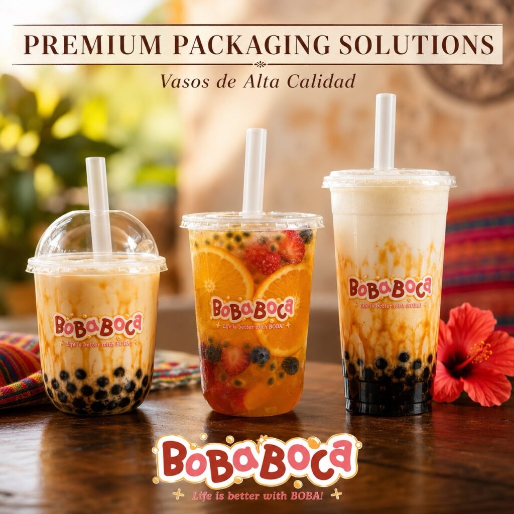 Tres tamaños de vasos de plástico transparentes de alta calidad para bubble tea con té de leche y té de frutas sobre mesa de madera