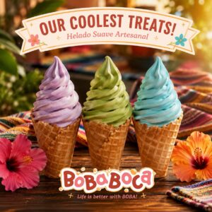 Tres remolinos de helado suave en sabores Taro Matcha y Coral Blue sobre una mesa de madera cálida