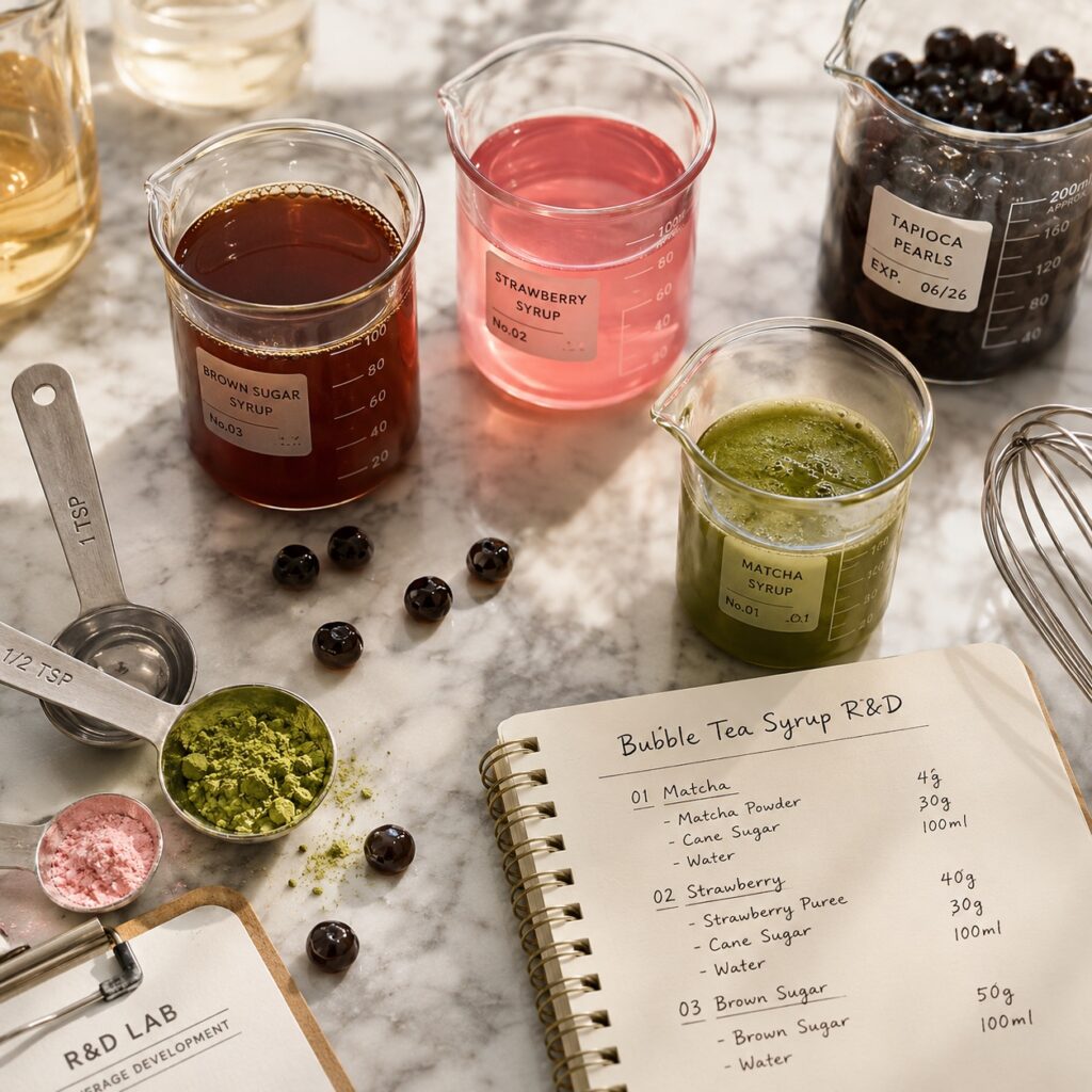 Bobaboca RD lab with bubble tea syrup samples and custom formula development tools