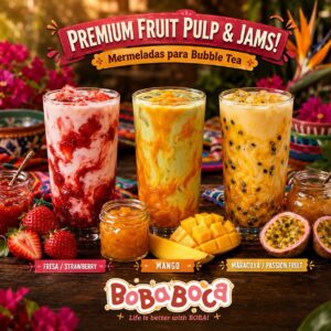 BobaBoca premium fruit pulp and jams for bubble tea featuring strawberry mango and passion fruit drinks on a rustic wood table