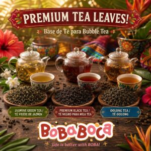 Tés premium BobaBoca para bubble tea té verde de jazmín té negro para milk tea y té oolong sobre mesa de madera rústica
