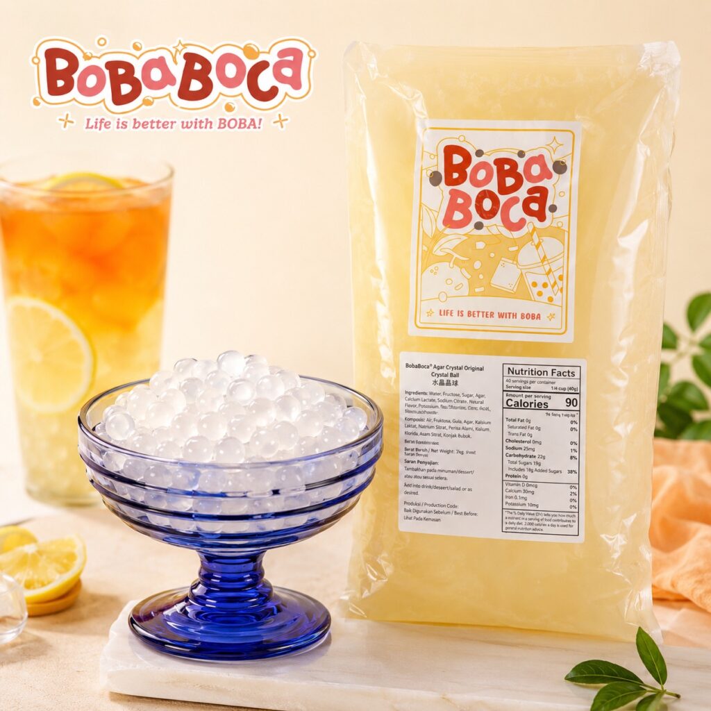 BobaBoca Agar Crystal Original perlas de cristal para bubble tea servidas en copa con empaque del producto