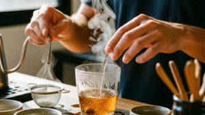 Vaso transparente con té oolong sin azúcar color ámbar oscuro