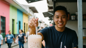 Vaso de Rainbow Milk Tea con té negro y toppings de colores variados
