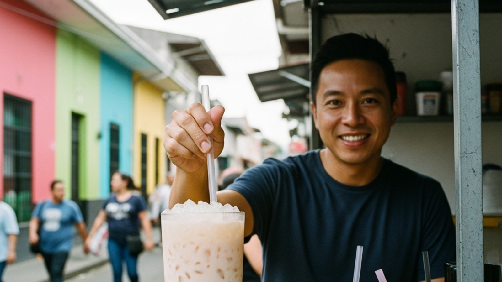 Vaso de Rainbow Milk Tea con té negro y toppings de colores variados